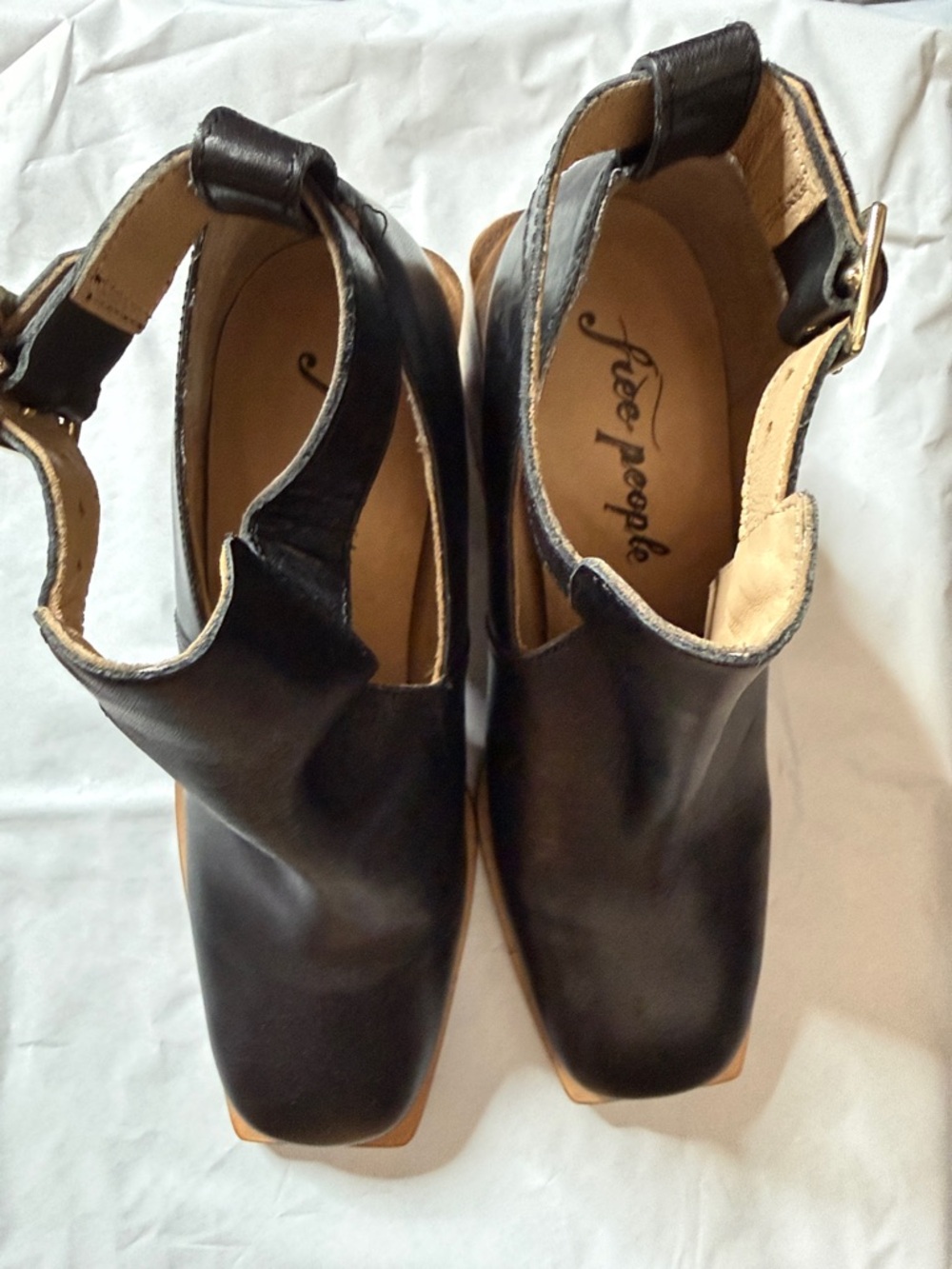 Free People Black Leather Square-Toe Ankle Strap Clogs